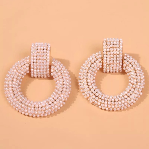 Cluster Pearl Retro Stud Gold Drop Hoop Earrings - Picture 2 of 8